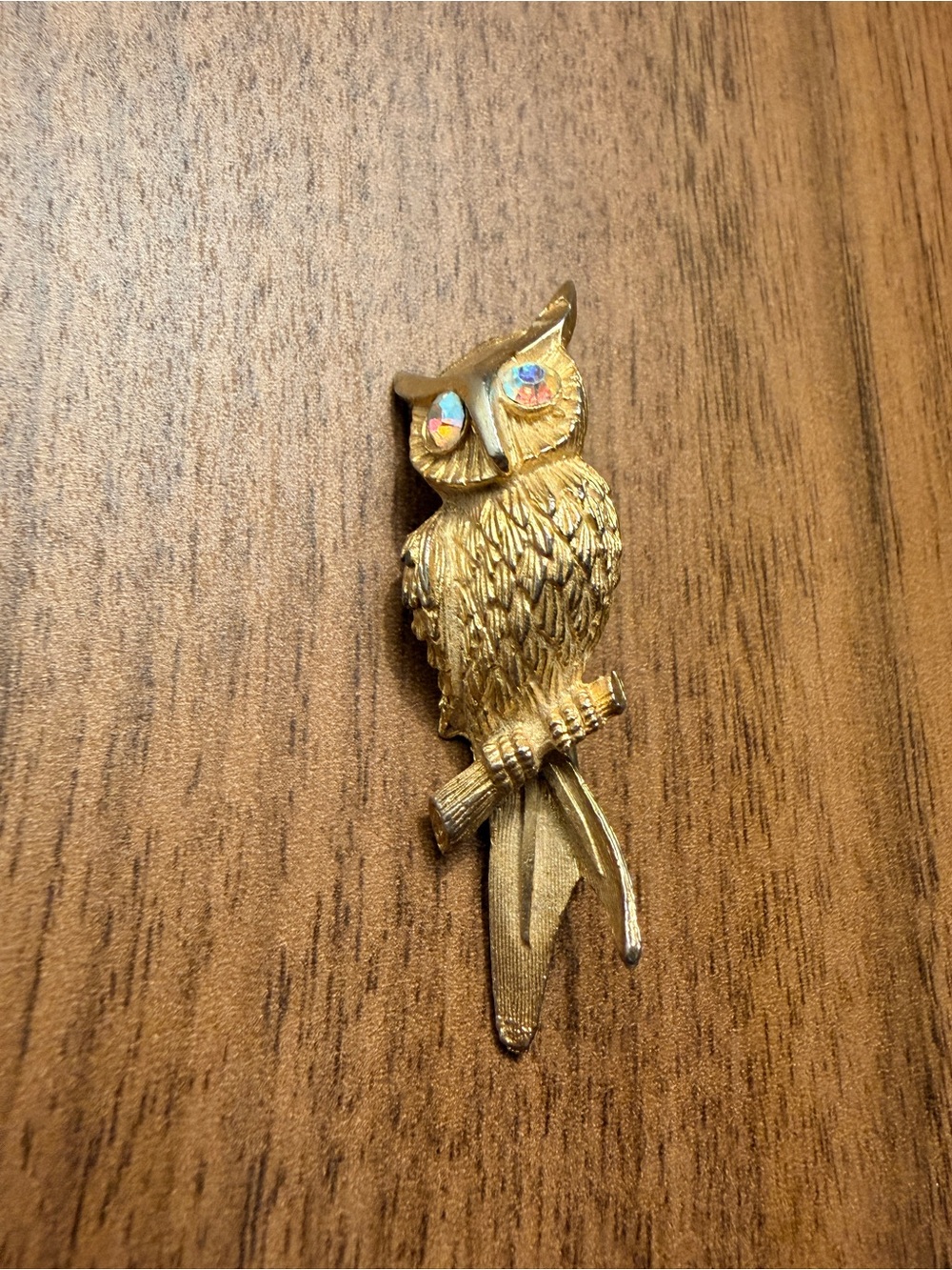 Gold Tone Owl Pendant Brooch with Crystal Eyes